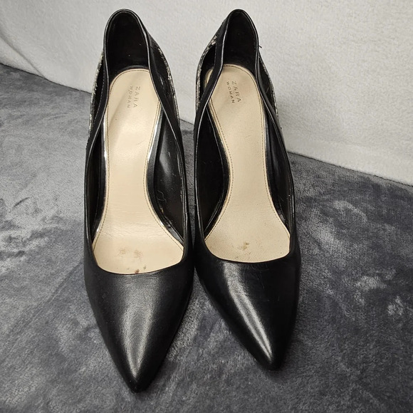 Zara Black Snakeskin Print  Pointed Toe Heels - Picture 9 of 13